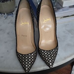 Christian Louboutin Iriza Black and Silver Mesh Heels Sz 37, 4.5 Inch Heel